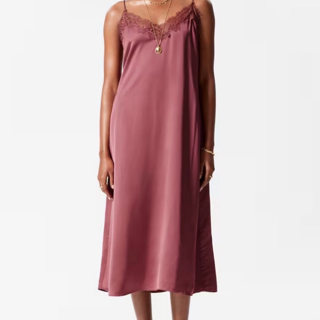 & Other Stories Mauve Satin Lace-Trim Midi Slip Dress